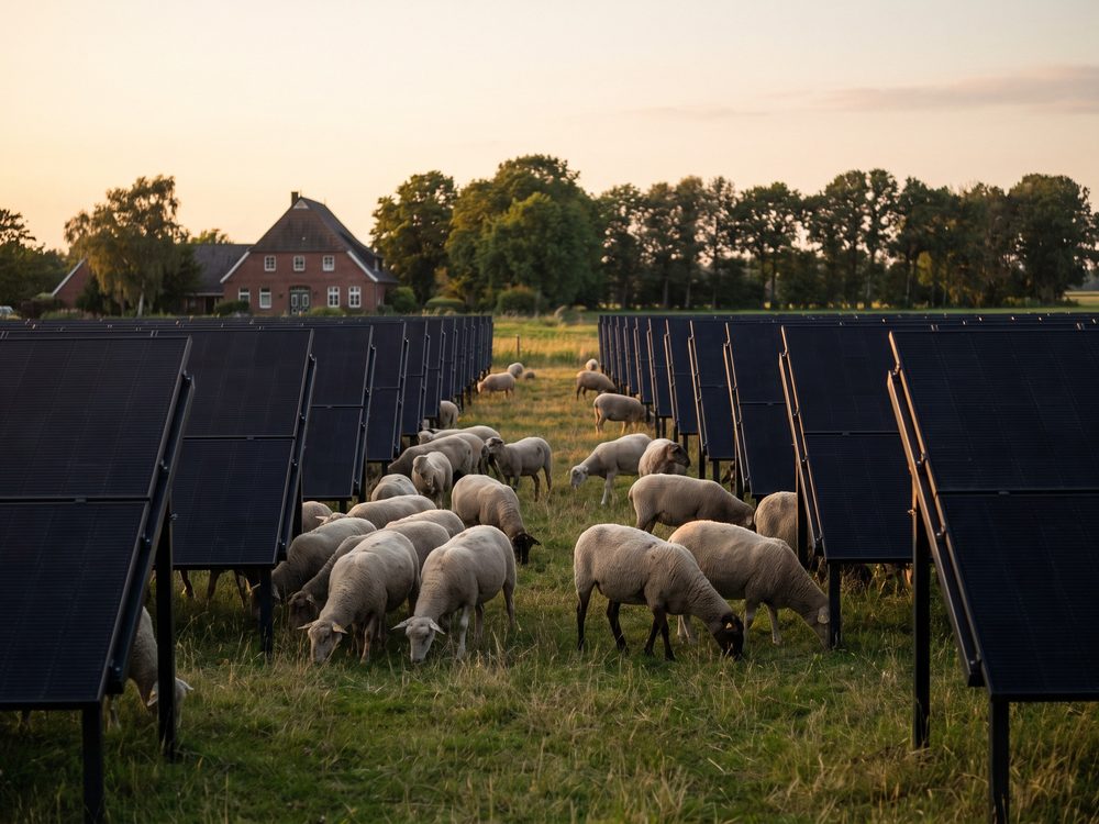 Schafe grasen auf einer Weide zwischen aufgeständerten Modulreihen (KI-generiertes Bild)