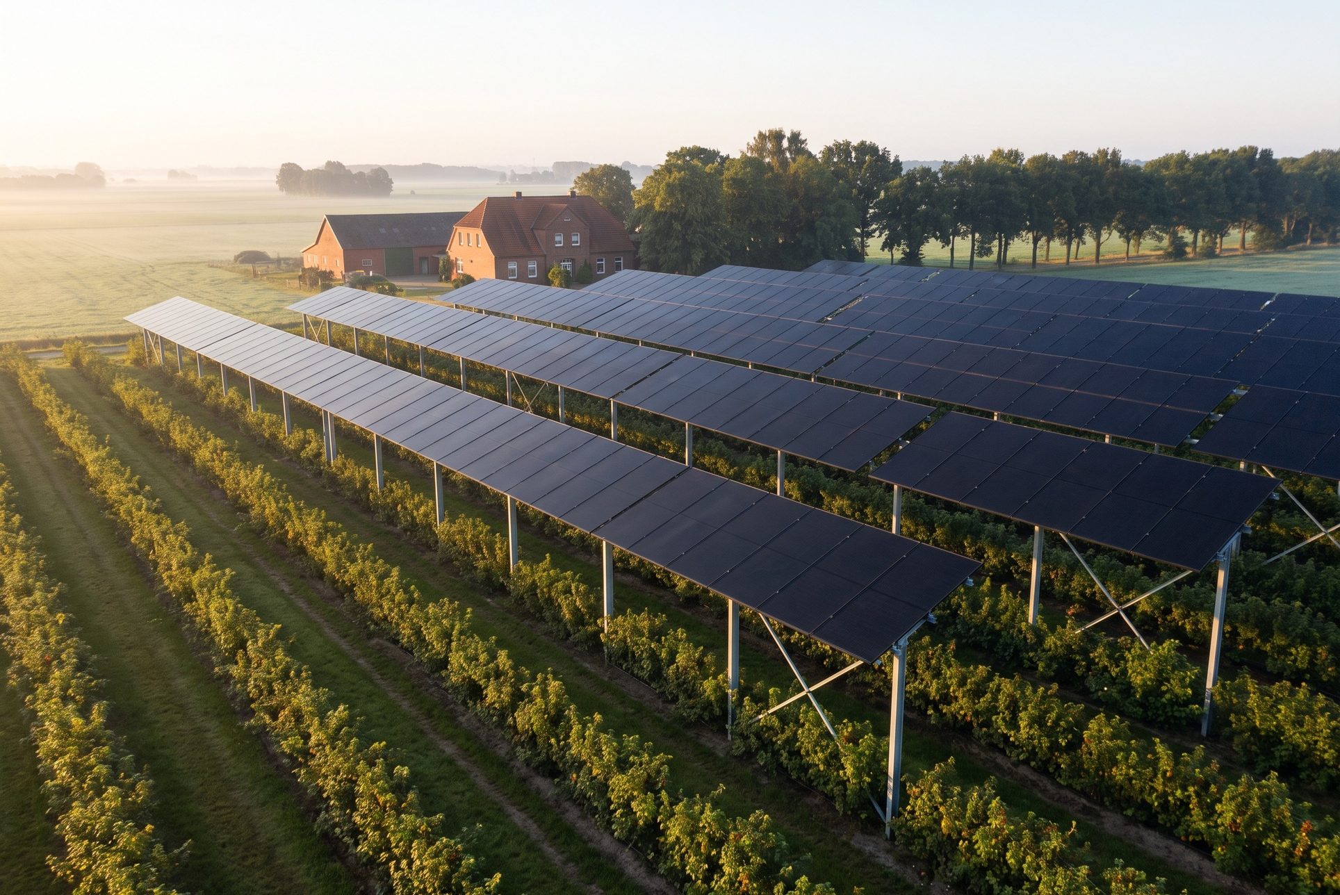 Hochaufgeständerte Agri-PV-Anlage mit Full-Black-Modulen über Reihen von Beerensträuchern auf einem flachen Feld (KI-generiertes Bild)