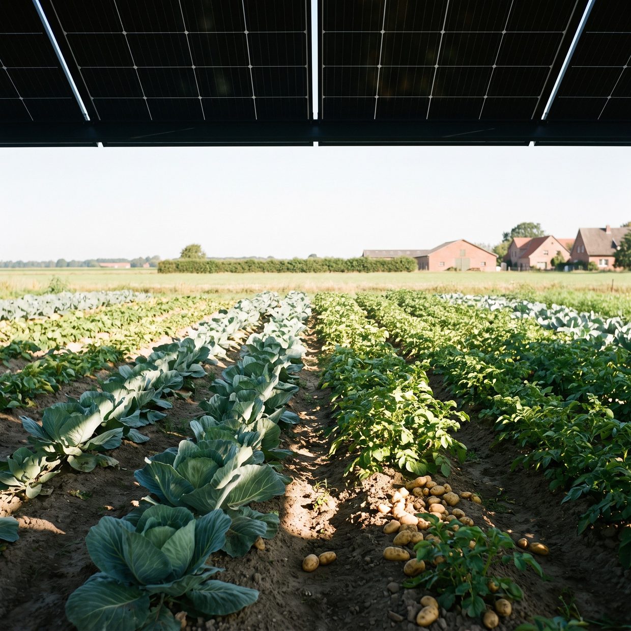 Blick unter eine hochaufgeständerte Agri-PV-Anlage mit Full-Black-Modulen über Gemüsereihen (KI-generiertes Bild)