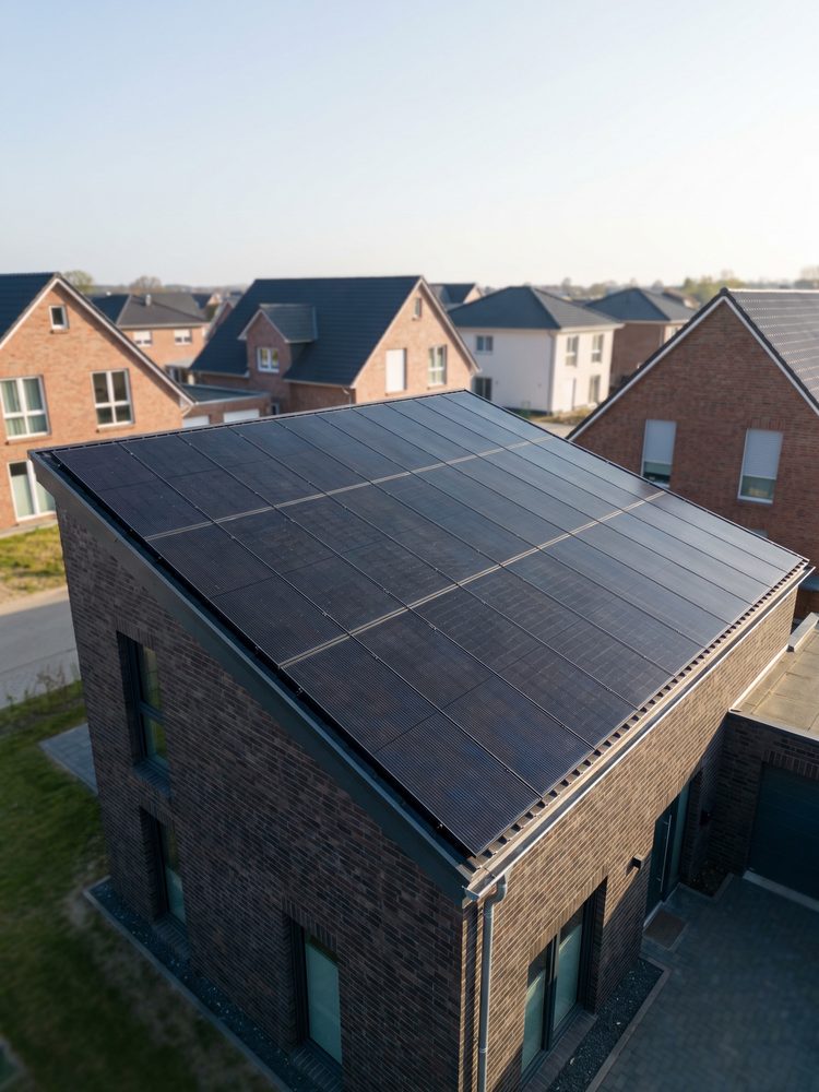 Einfamilienhaus mit Pultdach und Photovoltaik (KI-generiertes Bild)