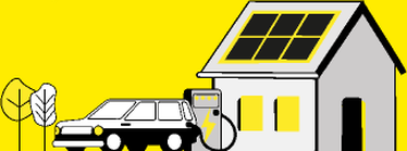 Illustration: Elektroauto lädt an einem Haus mit Solaranlage