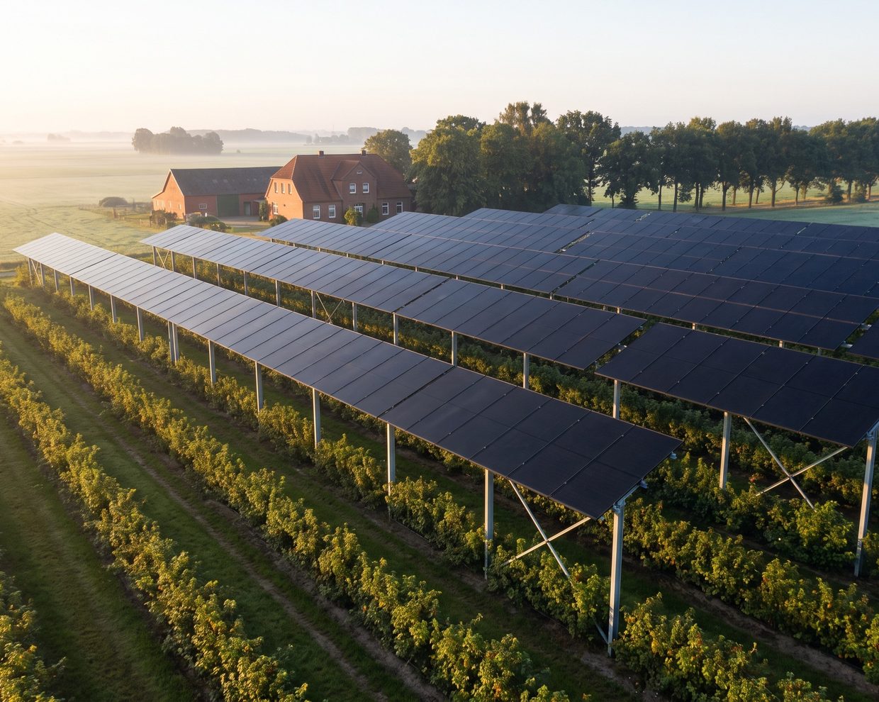 Hochaufgeständerte Agri-PV-Anlage mit Full-Black-Modulen über Beerensträuchern auf einem Feld (KI-generiertes Bild)