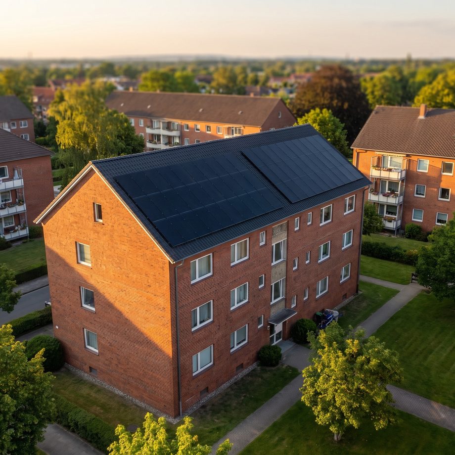 Mehrfamilienhaus aus rotem Klinker mit Full-Black-Solarmodulen auf dem Satteldach (KI-generiertes Bild)