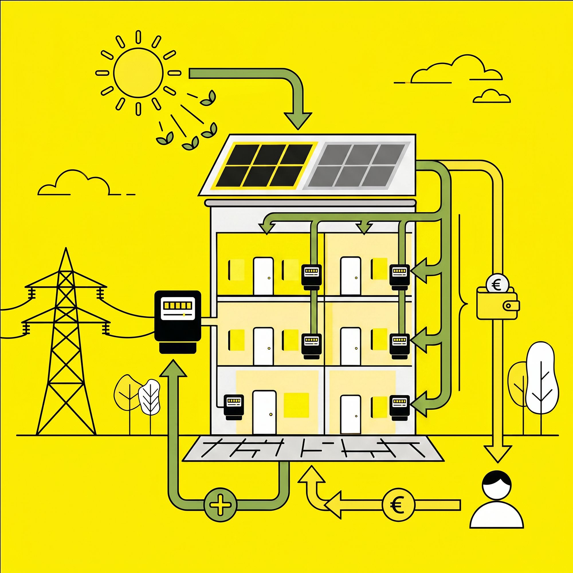 Schaubild zum Mieterstrom: Solarstrom vom Dach versorgt die Wohnungen, Netzstrom ergänzt, Zähler erfassen den Verbrauch