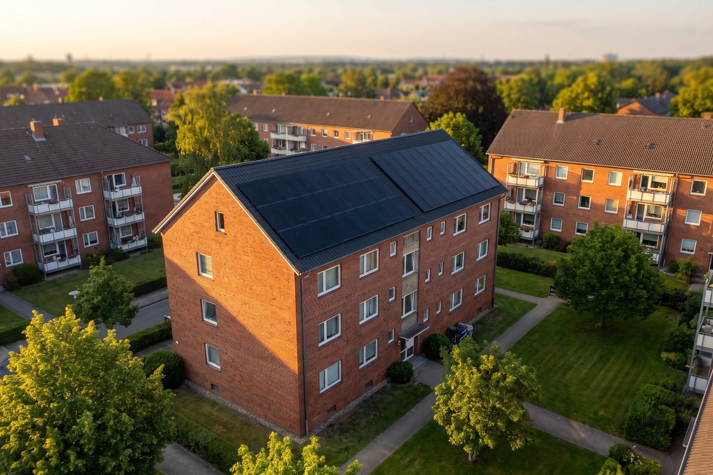 Mehrfamilienhaus aus rotem Klinker mit Full-Black-Solarmodulen auf dem Satteldach (KI-generiertes Bild)